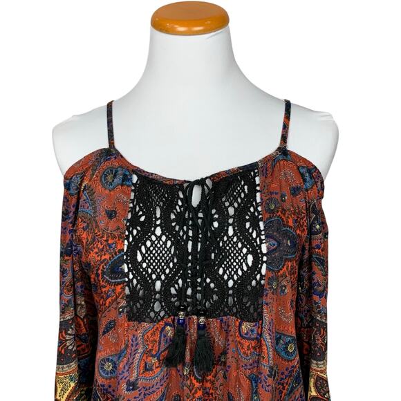 Sky and Sand Blouse Boho Brown Paisley Off Shoulder Crochet Women's S - Picture 2 of 5
